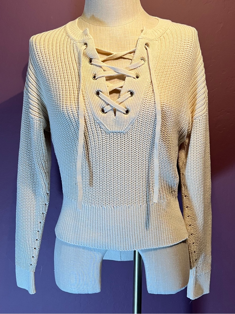 🤍Madewell Lace-Up Cream Cotton Knit V-Neck Sweater